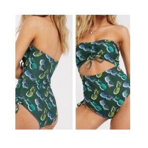 AERIE One Piece Full‎ Coverage Ruched Cut Out Pineapple Swimsuit Large Long